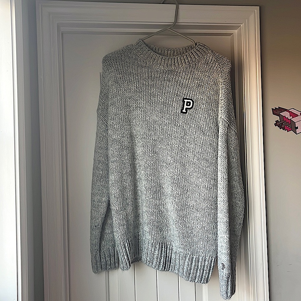 PINK light grey boyfriend sweater with initial patch